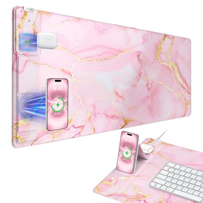 Wireless Charging Mouse Pad with Phone Holder, 31.5"x15.8" in, Pink Marble - color: Pink Marble-Phone Holder-31.5"x15.8"