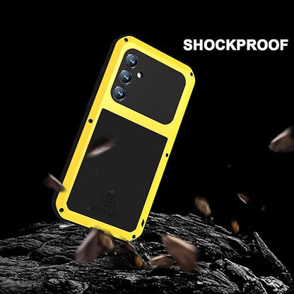 LOVE MEI Military Rugged Case for Samsung Galaxy S23 Fe, with Tempered Glass Screen Protector, Shockproof Dustproof Scratch Proof Hybrid Metal and Silicone Gel Heavy Duty Full Body Cover Yellow - color: Yellow