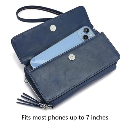 RFID Crossbody Wallet Wristlet Purse with Phone Pocket For Women Vegan Leather - color: B-navy Blue