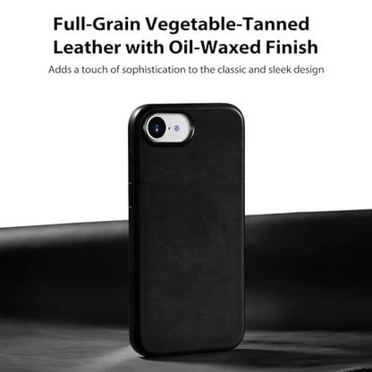 Belemay Handcrafted Full-Grain Vegetable-Tanned Leather Case for iPhone 17e / iPhone 16e, Compatible with MagSafe, Two-Tone Effect, Natural Patina, Metal Buttons Luxury Cover (6.1"), Black - color: Black