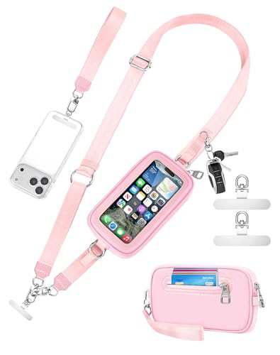 SHANSHUI Clip and Go Phone Lanyard Wallet, Hands Free Crossbody Strap with Zipper Pocket & ID Window, Includes 2 Metal Tether Pads for Phones, Keys, Earphones, Accessories Pink - color: Pink