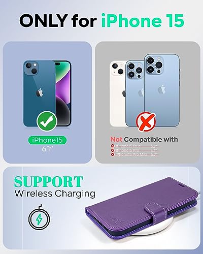 OCASE Compatible with iPhone 15 Wallet Case, PU Leather Flip Folio Case with Card Holders RFID Blocking Kickstand [Shockproof TPU Inner Shell] Phone Cover 6.1 Inch 2023, Litchi Purple - color: Litchi Purple