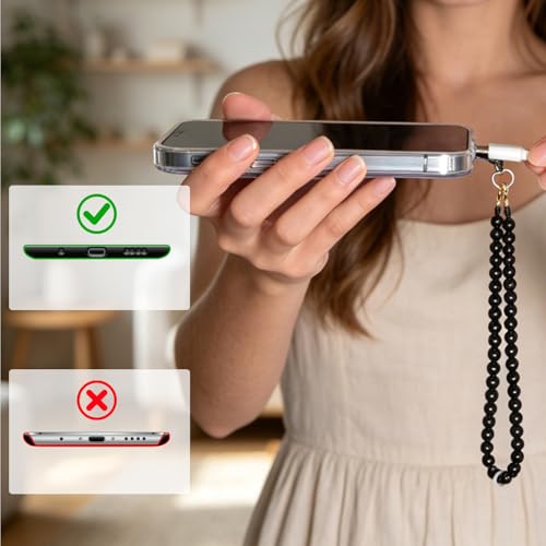 Agate Beaded Phone Wrist Strap for Women Men Stone Beads Charm Handmade Cellphone Chain Lanyard with Tether Tab - color: Black-1, size: 6mm Beads