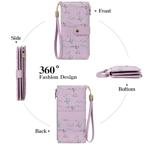 GAEKEAO Wallets for Women Leather RFID Blocking Large Capacity Card Case Ladies Wristlet Clutch Wallets Zipper Pocket with 4 ID Windows 21 Card Slots - color: Purple