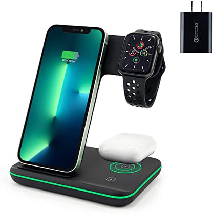 Wireless Charger, 3 in 1 Qi Certified 15W Fast Wireless Charging Station for Apple iWatch Series 7/SE/6/5/4/3/2,AirPods 2/Pro, Compatible for iPhone 13/12/11 Series/XS MAX/XR/XS/X/8/8 Plus/Samsung
