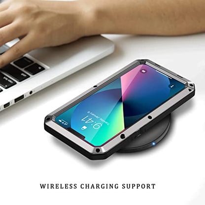 Lanhiem for iPhone 13 Metal Case, Heavy Duty Shockproof Tough Rugged Case with Built-in Glass Screen Protector, 360 Full Body Protective Cover for iPhone 13 6.1 inch, Silver - color: Silver