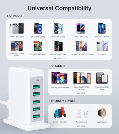 USB Charger Block, 45W Max 6-Port USB Charging Station for Multiple Devices