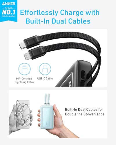 Anker Power Bank,20,000mAh 30W Portable Charger,USB-C and Lightning Cables - color: Black