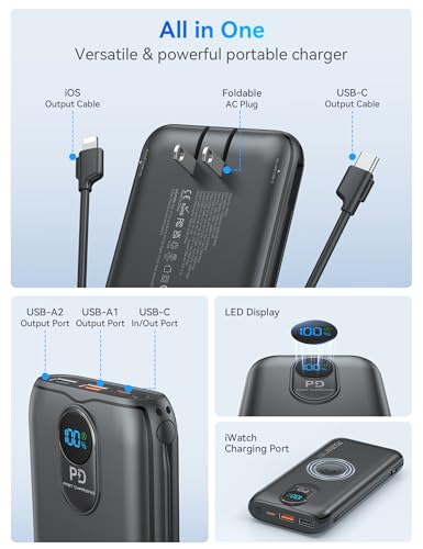 Portable Charger Power Bank 10000mAh PD20W w/Built-in Cables & AC Plug - color: Black