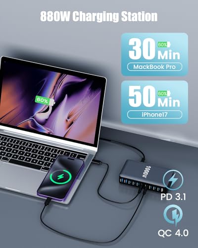 880W USB C Charger Block,10-Port USB C GaN Multiple Port Charging Station