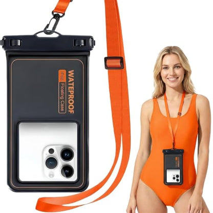 Floating Waterproof Dry Bag Orange Fits Phones Up to 7" | Adjustable Neck Cellphone Lanyard, Marine IP68 Certified, 1 Pack