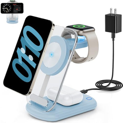 RYND 2026 Traveling Wireless Mag-Safe Fast Charging Station,Magnetic 3 in 1 Charger with Light for iPhone 16 15 14 13 12 Pro Max Plus,Apple Watch Series & Air pods 4 3 2 Pro-Gifts for Wife & Husband - color: Gray Blue