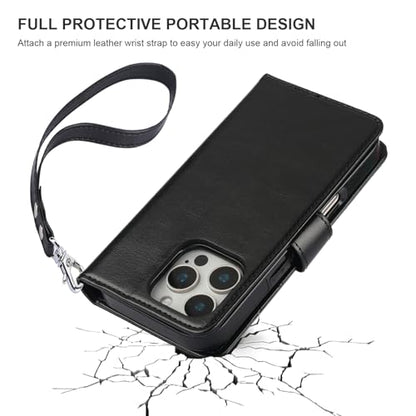 Bocasal Detachable Wallet Case Card Holder for iPhone 16 Pro, Black | RFID Blocking Kickstand Card Slots Holder PU Leather Magnetic Shockproof Wrist Strap Removable Flip Protective Cover 6.3 inch - color: Black