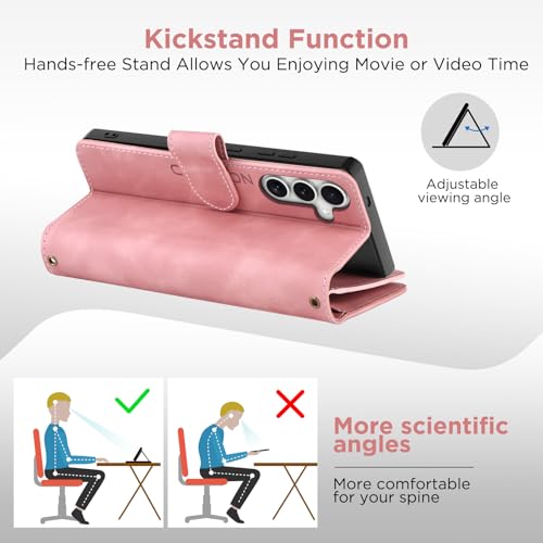 for Samsung Galaxy S24-FE-Wallet Case: with RFID Blocking Card Slots (6 Cards) | Soft PU Leather Magnetic Snap Zipper Pocket | Crossbody Wrist Strap Protective Phone Cover - Pink - color: Pink, size: Galaxy S24 FE（6.7‘’）