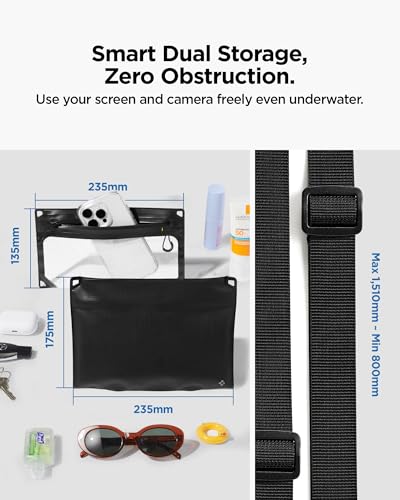 Spigen Aqua Shield for Waterproof Phone Pouch & Crossbody Bag Set — IPX8, Detachable Dual System, Touch-Through Window, Adjustable Strap — Beach, Pool, Water Sports | Black, Swimming and Travel, Adjustable Long Belt, IPX8 Waterproof Case, Compatible with