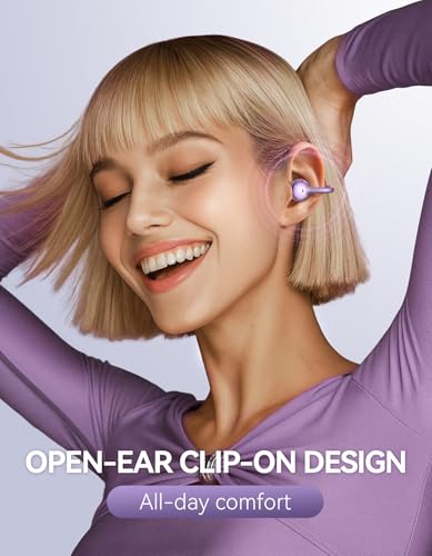 JOYROOM OE3 Clip-On Earbuds, Wireless Open Ear Earbuds Headphones, Auto L-R Recognition, Omni Tap Control, Immersive Sound, Ultra-Light 4.9g Fit,Comfortable ear buds for Workouts and Daily Use, Purple