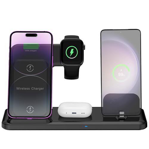 Wireless Charger for iPhone Charging Station, Foldable 4 in 1 Fast Charging for iPhone 16 15 14 13 12 Pro Max Plus, Charger Stand for Apple Watch & Airpods 4 3 2 Pro,for Samsung Series Black