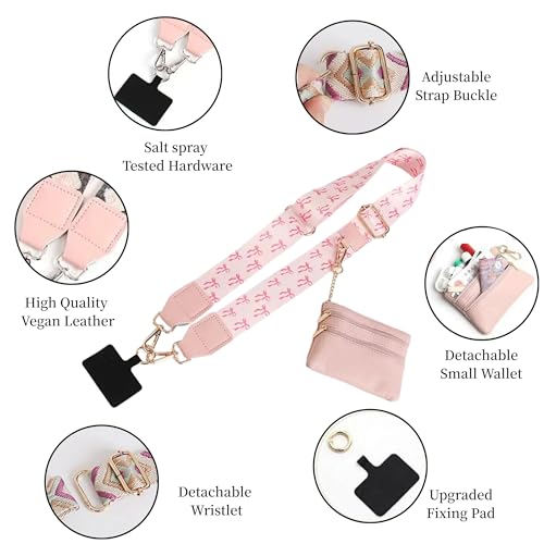 Crossbody Body Phone Holder for Women, New Phone Strap with Zippered Pouch, Adjustable Crossbody Strap - color: Pink Bow