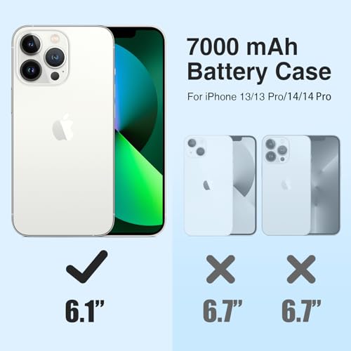 ZENEE for iPhone 14/14 Pro/13/13 Pro Battery Case【2026 Upgrade】，Powerful 7000mAh Charge Cover Protective TPU with Shockproof Bumper for iPhone 13/13 pro/14 pro/14 Charging Case -6.1inch,Gray