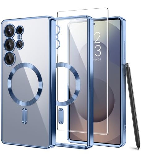 Magnetic Case Compatible with Samsung Galaxy S25 Ultra,Compatible with MagSafe,[Full Camera Protection][Screen Protector]Shockproof Plating Clear Phone Cover for Galaxy S25 Ultra 6.9 Inch(Blue/Clear) - color: Blue/Clear, size: Samsung Galaxy S25 Ultra 6.9