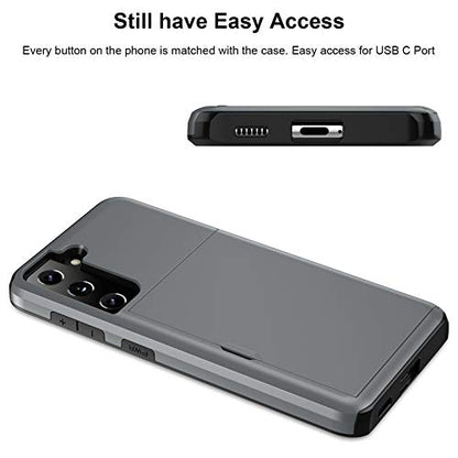 Jiunai for Samsung Galaxy S21 Case Wallet Credit Card IDs Cash Holder Grey | Slide Cover Dual Layer Hybrid Protective Hard PC Soft TPU Rubber Cover Phone Case for Samsung Galaxy S21 5G 6.2'' Women Men - color: Grey