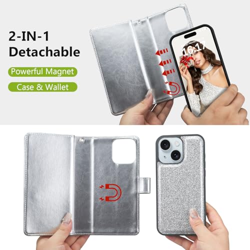 Varikke for iPhone 15 Case Wallet Strong Magnetic Detachable, Silver - color: (Standard) Silver, size: iPhone 15 6.1"