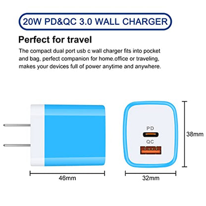 USB C Wall Charger, 2-Ports 20W USB A and USB C Charger Block [PD/QC 3.0] - color: rose-red,blue,purple