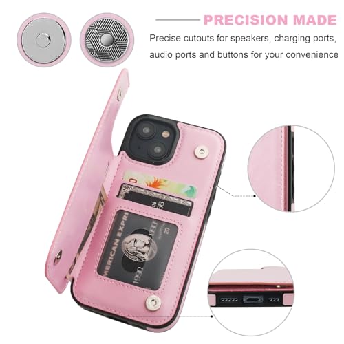 ONETOP for iPhone 15 Wallet Case with Credit Card Holder,Pink | Kickstand,ID/Cash Holder,Case Wallet with Card Slots,Double Magnetic Clasp,Durable PU Leather Shockproof Cover for Women Men - color: Pink