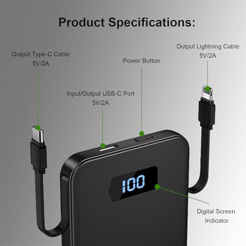Ultra-Slim 5000mAh Portable Charger for iPhone & Android, Mini Power Bank with Built-in Cables (USB-C & iOS), 5V/2A Small External Battery Pack for iPhone 16/15/14/13, Samsung, Google – Black