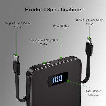Ultra-Slim 5000mAh Portable Charger for iPhone & Android, Mini Power Bank with Built-in Cables (USB-C & iOS), 5V/2A Small External Battery Pack for iPhone 16/15/14/13, Samsung, Google – Black