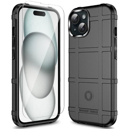 Rugged Shield 8ft Drop Proof TPU Thick Armor Tactical Protective Case Compatible with iPhone 15 (6.1 inches) - Dark Black - color: Dark Black, size: iPhone 15