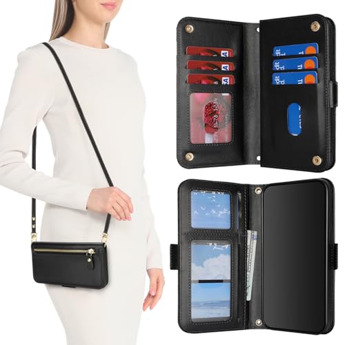 for iPhone 15 Pro Wallet Case for Women,for iPhone 15 Pro Case with Strap Crossbody Lanyard,PU Leather Shockproof Card Holder Stand Zipper Pocket Flip Phone Case-Black - color: Black