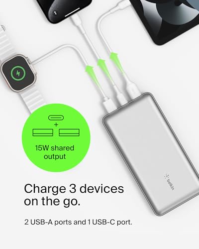 Belkin 20000mAh 15W 3 Port Power Bank, USB A to USB C Cable Included - color: Silver