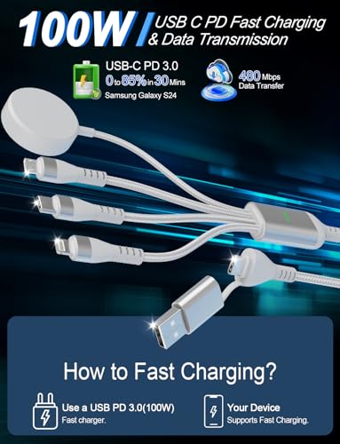 100W Multi Charger Cable for Samsung Galaxy Watch Ultra/Classic/8/7/6/5-4-in-1 10ft Galaxy Watch Charger Multi Charging Cable with USB C, Lightning & Micro USB for Samsung Watch and Multiple Devices