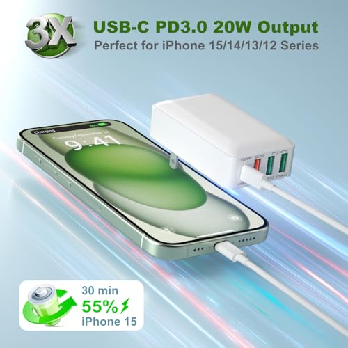Flat USB C Charger, OKRAY 40W 4-Port Fast Charging Block Foldable Wall Plug - color: White - 3Pack