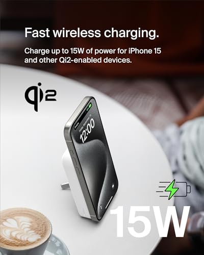 Belkin 10000mAh 15W Qi2 MagSafe Power Bank with Kickstand | Wireless Charging Battery Pack, iPhone 17, Air, Pro, Pro Max, AirPods, Apple Watch, Google Pixel 10, Built-in Stand, Magnetic - color: White, style: 10K mAh