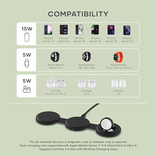 Satechi OntheGo 3-in-1 Wireless Charger, Qi2 15W Fast Charging, Black - color: Black