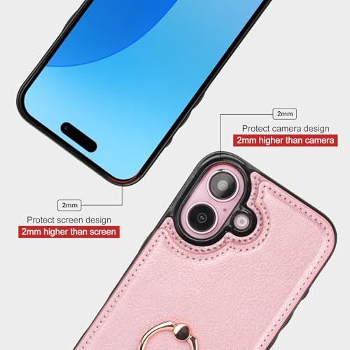 Folosu Compatible with iPhone 16 Case Wallet with Card Holder, 360°Rotation Finger Ring Holder Kickstand, RFID Blocking Leather Protective Double Buttons Shockproof Cover 6.1 Inch Rose Gold - color: Rose Gold