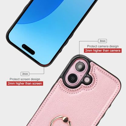 Folosu Compatible with iPhone 16 Case Wallet with Card Holder, 360°Rotation Finger Ring Holder Kickstand, RFID Blocking Leather Protective Double Buttons Shockproof Cover 6.1 Inch Rose Gold - color: Rose Gold