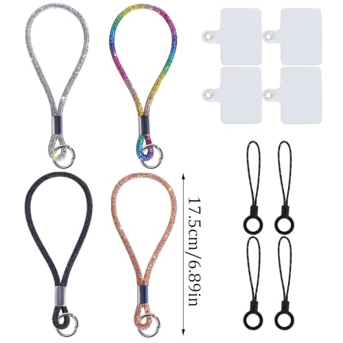 RUIYDZ 4pcs Luxury Diamond Phone Wrist Strap, Cell Phone Lanyards for Women, Short Phone Lanyard with Phone Tether Tab, Glitter Phone Strap Wrist Lanyard, Multicolor, Gold, Silver, Black