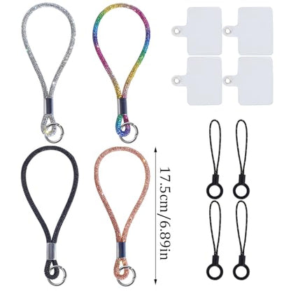 RUIYDZ 4pcs Luxury Diamond Phone Wrist Strap, Cell Phone Lanyards for Women, Short Phone Lanyard with Phone Tether Tab, Glitter Phone Strap Wrist Lanyard, Multicolor, Gold, Silver, Black