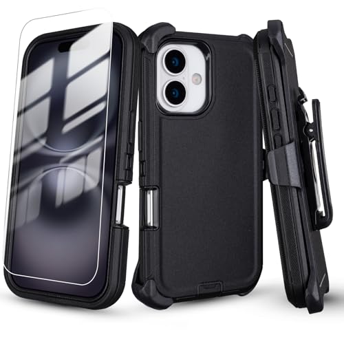 for iPhone 16 Case with Belt Clip Holster + Screen Protector, Black | Heavy Duty Drop Protection, 3-Layer Rugged Shockproof Anti-Drop Full Body Protective Case for iPhone 16 6.1 Inch - color: Black