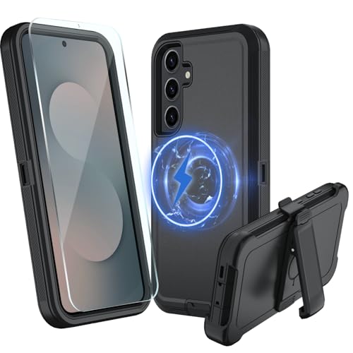 Magnetic Case for Samsung Galaxy S25 FE 5G Case, S25 FE Heavy Duty case, [Glass Screen Protector] [Military Grade Protective ] [Shockproof] [Dropproof] [Dust-Proof] (Black-Belt Clip-MAG) - color: Black-Belt Clip-MAG