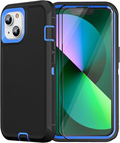 iPhone 13& iPhone 14 Heavy-Duty Case, Military-Grade Shockproof Protection, Includes 2 Tempered Glass Screen Protectors - Black Blue - color: Black Blue