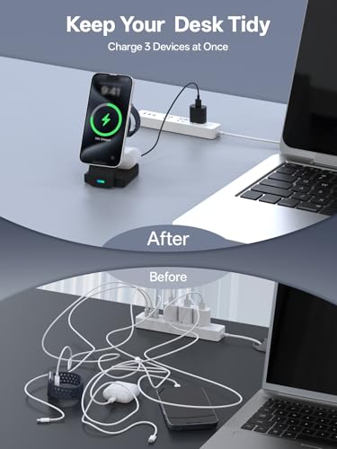 3 in 1 Foldable Charging Station for Apple Devices, Wireless Charger Stand for MagSafe Charger for iPhone 17/16/15/14/13/12, Phone Watch Charging Station for iWatch 10-2, for AirPods