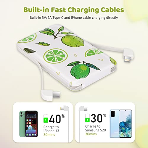 Sethruki Portable Charger 5000mAh Cute Ultra Slim USB C Power Bank for Girls Mini Fast Charging Small Battery Pack with Built in Cables for iPhone iPad Samsung Pixel Android Phones,Lemon - color: green