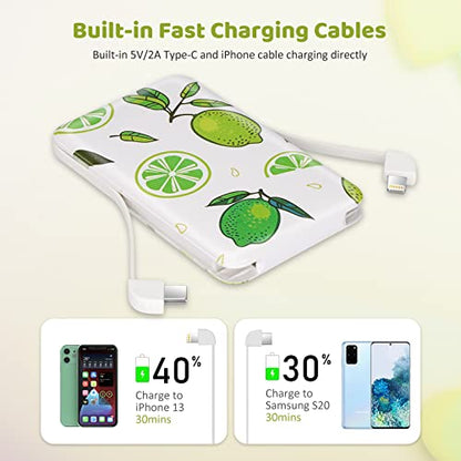 Sethruki Portable Charger 5000mAh Cute Ultra Slim USB C Power Bank for Girls Mini Fast Charging Small Battery Pack with Built in Cables for iPhone iPad Samsung Pixel Android Phones,Lemon - color: green