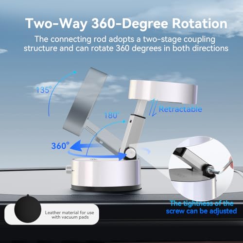 2025 Upgrated Vacuum Suction Magnetic Phone Holder, Retractable Strong Suction Cup Magnetic Hands-Free Car Cellphone Mount Foldable Car Phone Stand for Car/Mirror/Gym(Not Charge Phone) - color: White