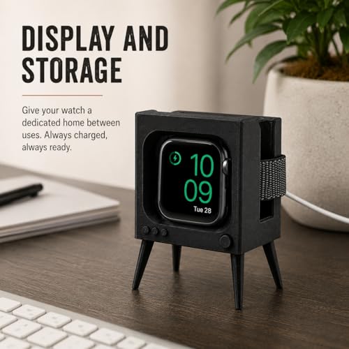 SplashNColor Charging Stand Compatible with Apple Watch Series 5 44mm – Retro TV Dock | Cable Management Holder | Nightstand Desk Cradle for Smartwatch Charging