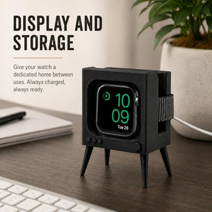 SplashNColor Charging Stand Compatible with Apple Watch Series 5 44mm – Retro TV Dock | Cable Management Holder | Nightstand Desk Cradle for Smartwatch Charging